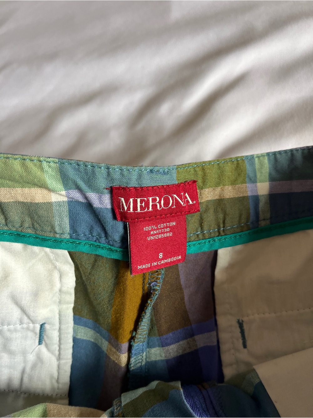 Merona Women Plaid Shorts Size 8 Cotton Blue Green Brown Casual Summer Chino - Picture 2 of 16